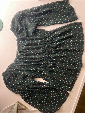 Black Floral Smocked-Waist Peasant Blouse off shoulder flare sleeve
